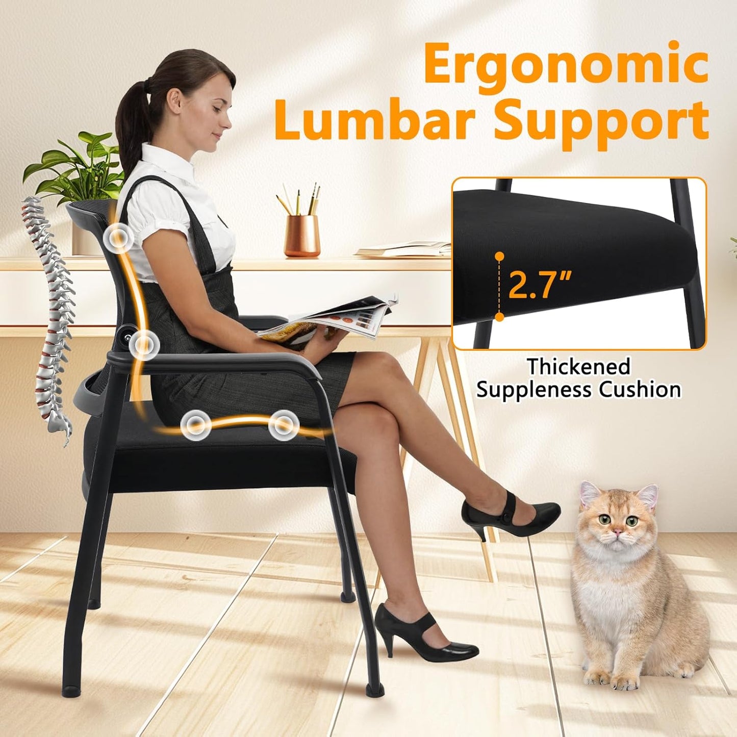Desk Chair No Wheels with Adjustable Mesh Backrest, Arm Chair with Ergonomic Lumbar Support and Thickened Seats Cushion, Waiting Room Chairs for Office School Church Guest Reception