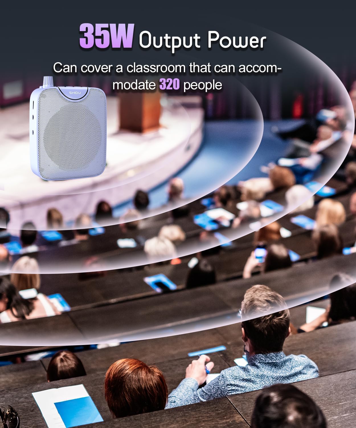 SHIDU 35W Power Voice Amplifier with Bluetooth Wireless Lavalier Microphone, Portable Teacher Mic with Speaker Personal Clip On Microphone System for Teacher Meeting Training-M500 (Purple)