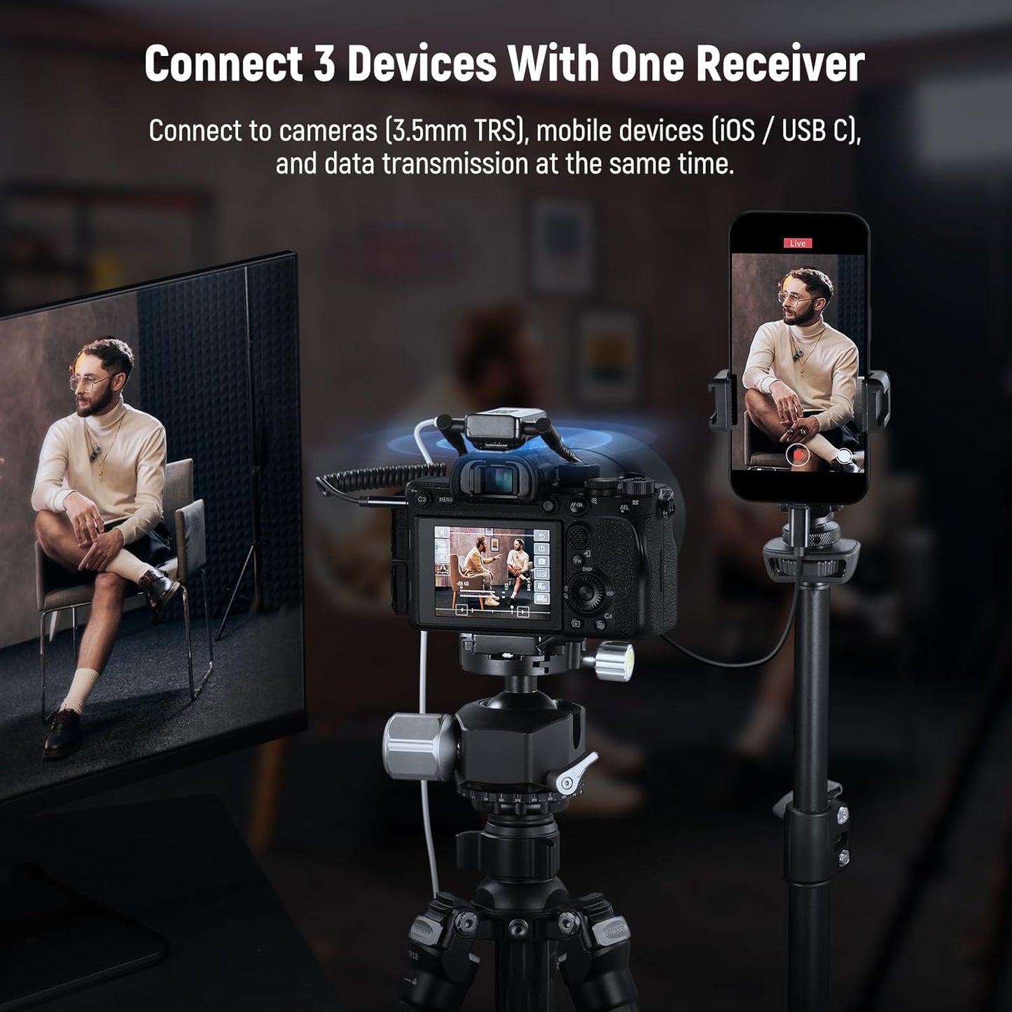 NEEWER CM28 Max Wireless Lavalier Microphone System with Charging Case 48KHz/24Bit Lossless Float Recording Noise Cancellation 8GB Storage 25Hrs Battery 300m Range for iPhone iPad Android Camera PC