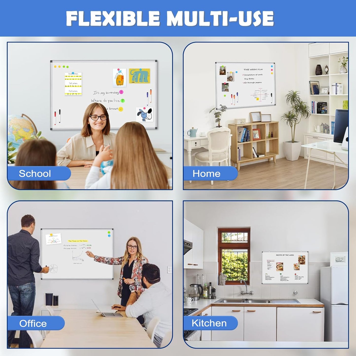 WALGLASS Double-Sided White Board 20" x 30", Dry Erase Board, Magnetic Whiteboard Silver Aluminium Frame, Wall-Mounted or Hanging Board for Home, School, Office, Kitchen