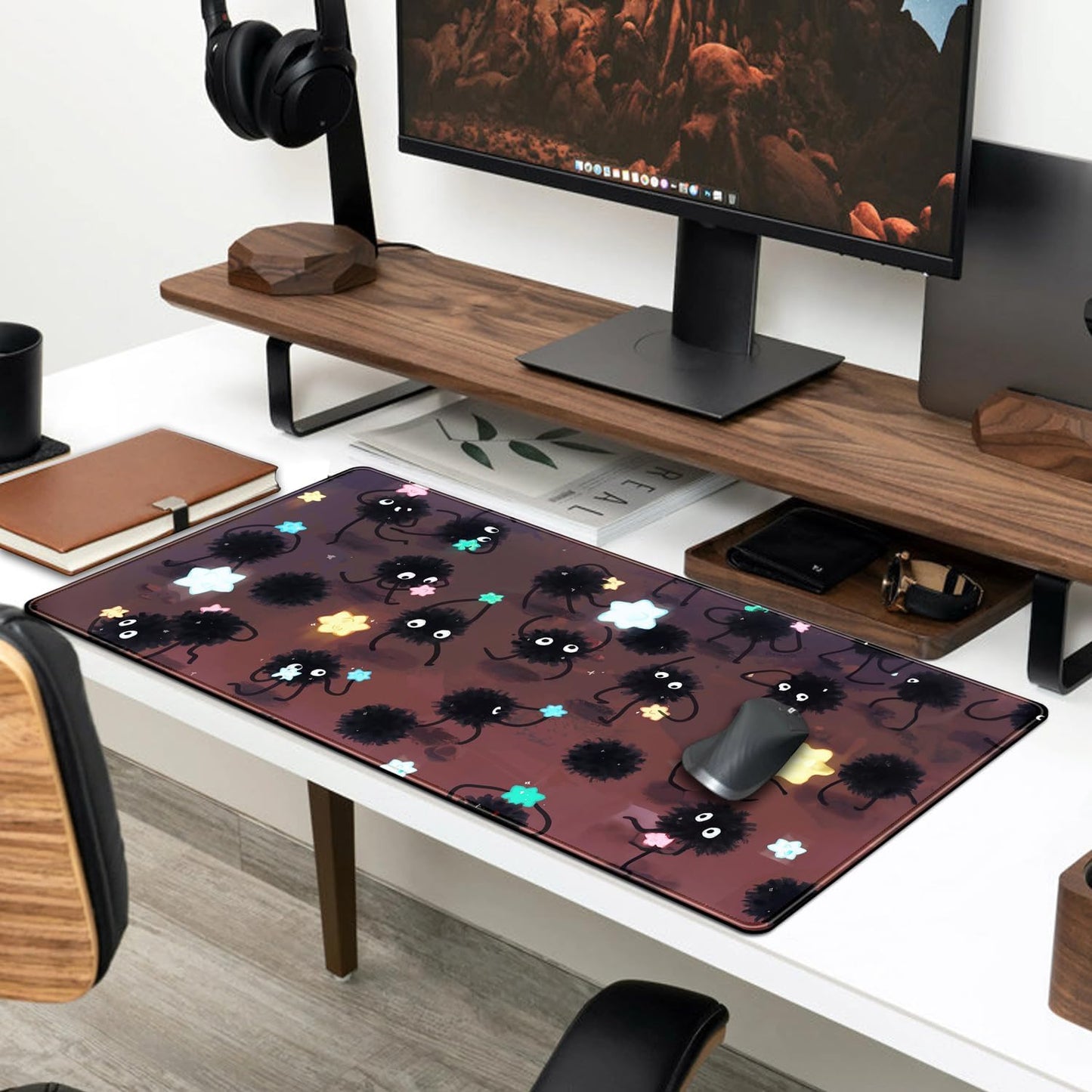 Desk Pad Anime Black Pom Poms Gaming Mouse Pad Large Star Designs Desk Office Decor Exclusive Beautiful Girls Mouse Pad for Women Desktop with Stitched Edges Non-Slip Computer Mat 31.5x11.8In