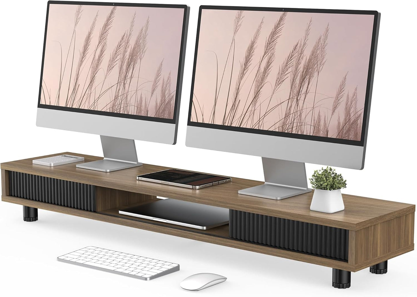 Fenge Dual Monitor Stand, 42.5inch Long Monitor Stands Riser for 2 Monitors, Sliding Door with Storage Organizer Stand for Desk, 2 Tier Desk Shelf for Laptop, Pc, Printer, Computer, TV