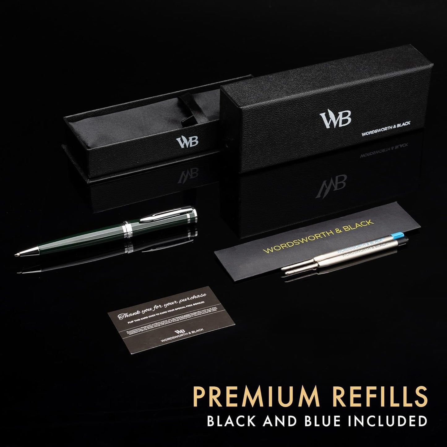 Wordsworth and Black Ballpoint Pen Green Lacquer- Stunning Luxury Pen Chrome Finish, Ink Refill, Best Gift Set for Men & Women, Refillable, Elegant, Nice Pens, Fine Point