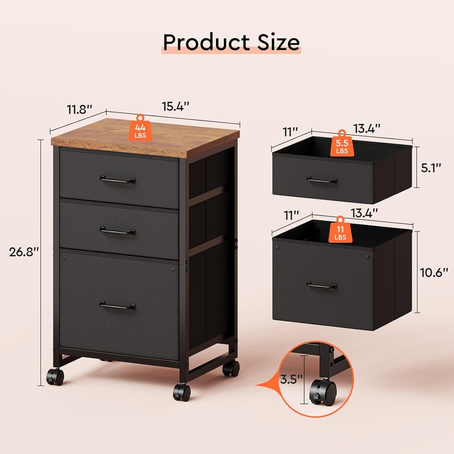 3 Drawer Mobile File Cabinet with Wheels Fabric Vertical Filing Cabinet fits A4 or Letter Size for Home Office,Rustic Brown