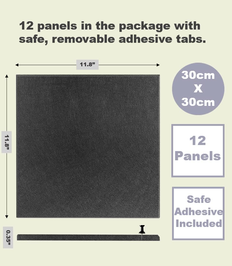 Large Cork Board Alternative - 12-Pack Felt Wall Tiles with Safe Removable Adhesive Tabs, Cork Wall Tiles Bulletin Board Home Office Essentials - Black