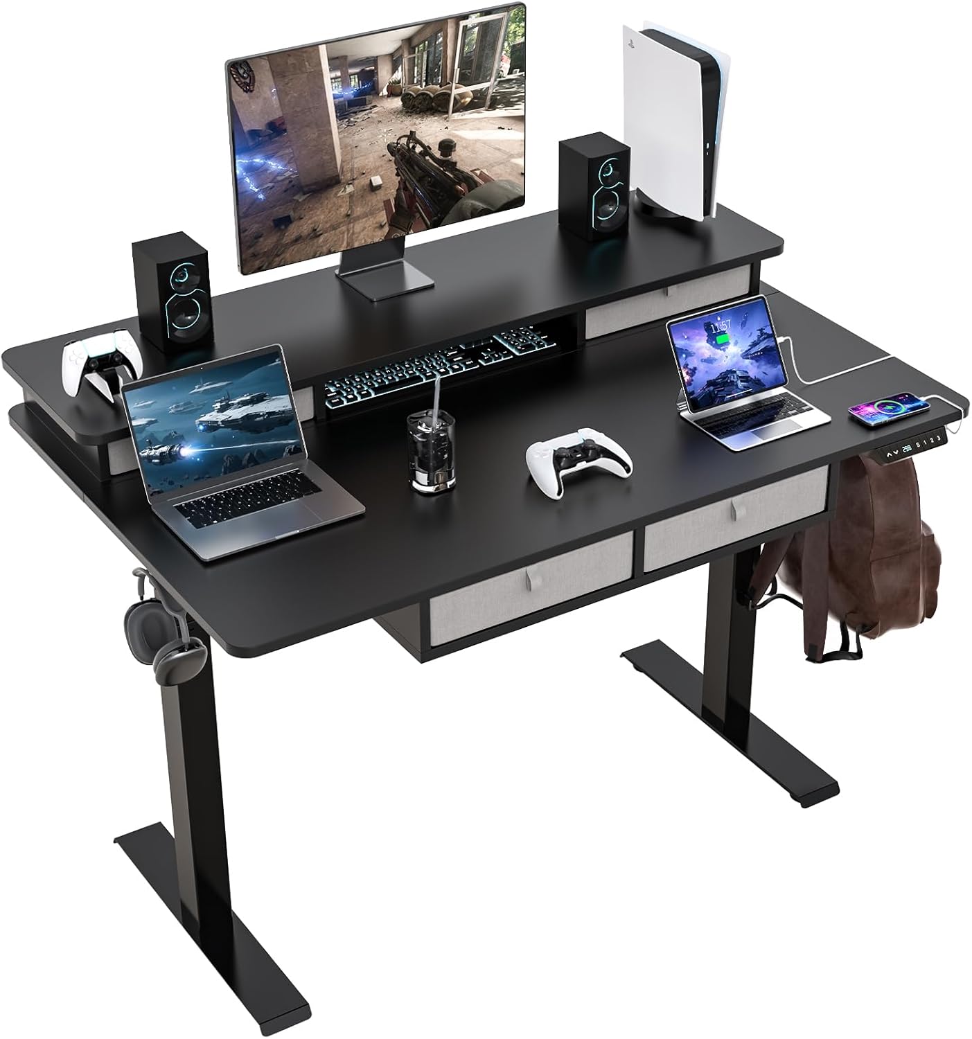 48 * 30 Inches Electric Standing Widened Desk Adjustable Height with 4 Drawers, Double Storage Shelves, Home Office Workstation Sit Stand up Desk (Classical Black)