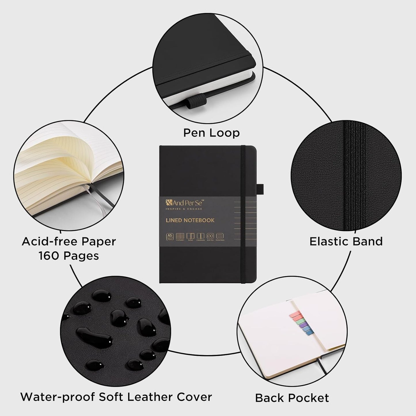 &And Per Se Lined Journal Notebook (5 Packs), 160 Pages, A5 5.7 x 8 inches College Ruled Thick Paper Notebook Journals for Writing, Hardcover Notebooks for Women Men Office School (Black)
