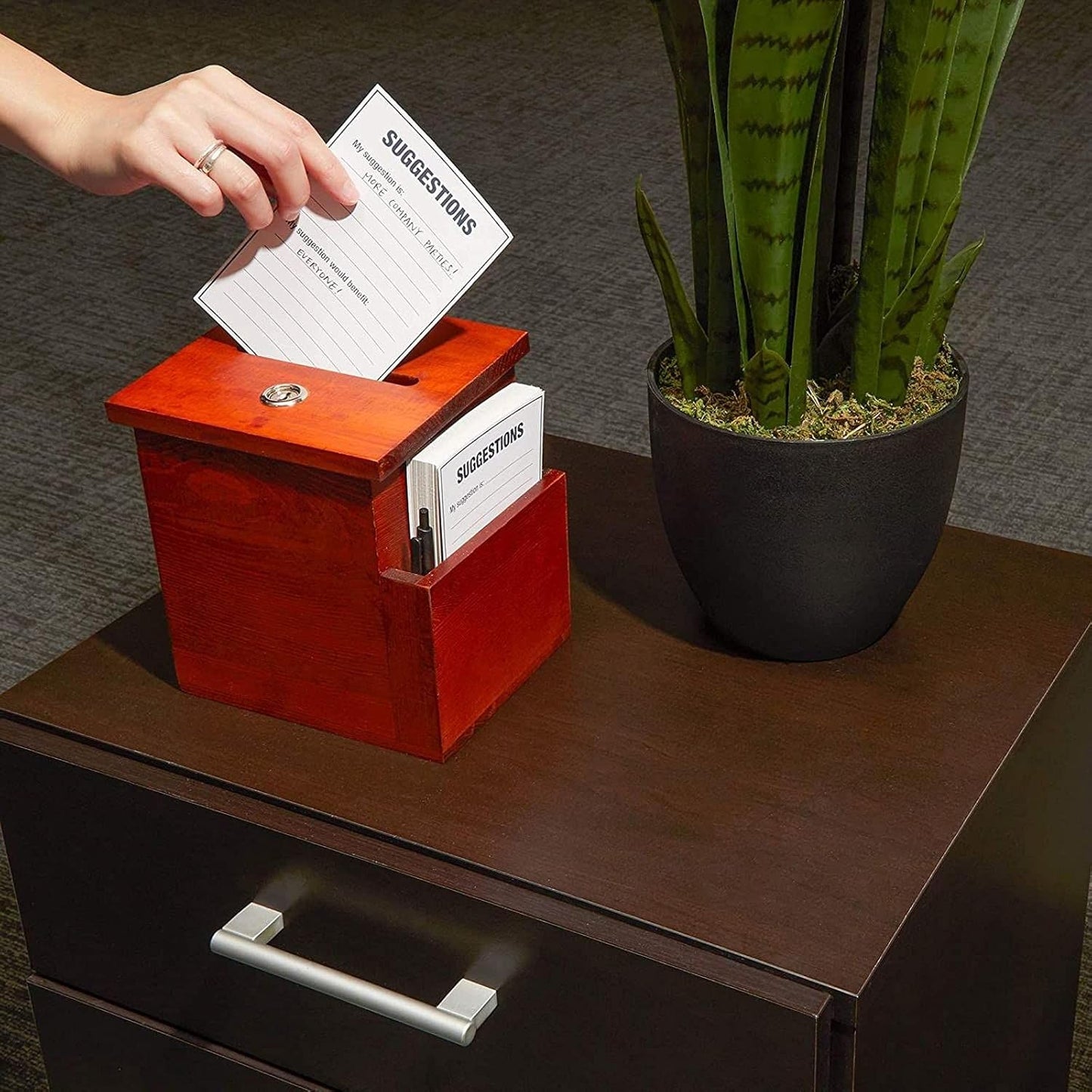 Juvale Suggestion Box with Slot & Lock - 7.5 x 7.1 x 5.5 in, Brown Rustic, 50 Blank Cards, Pen & 2 Keys - Drop Box with Lock