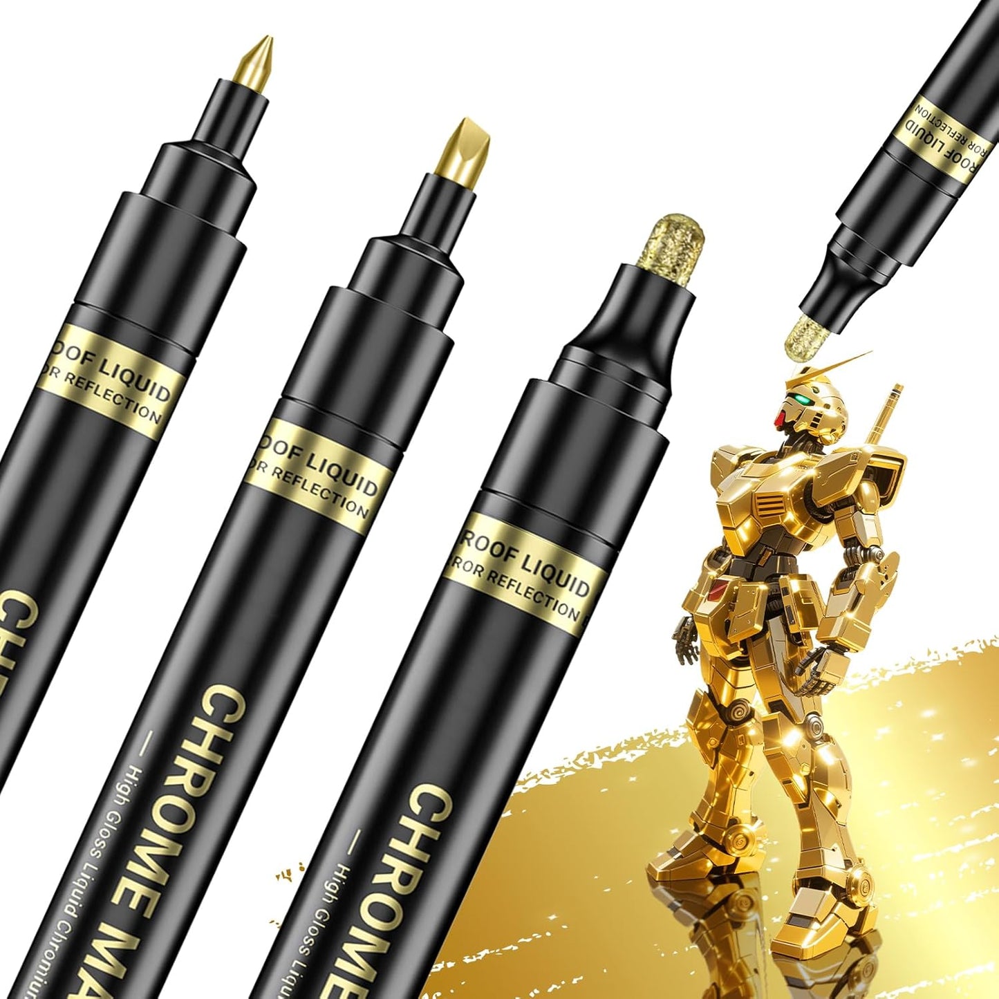 3Pcs Gold Liquid Mirror Chrome Markers, Permanent Reflective Metallic Gold Paint Pen, High Gloss Car DIY Model Painting, Touch Up Repair Kit for Plastic Metal Glass Fabric Ceremic Resins
