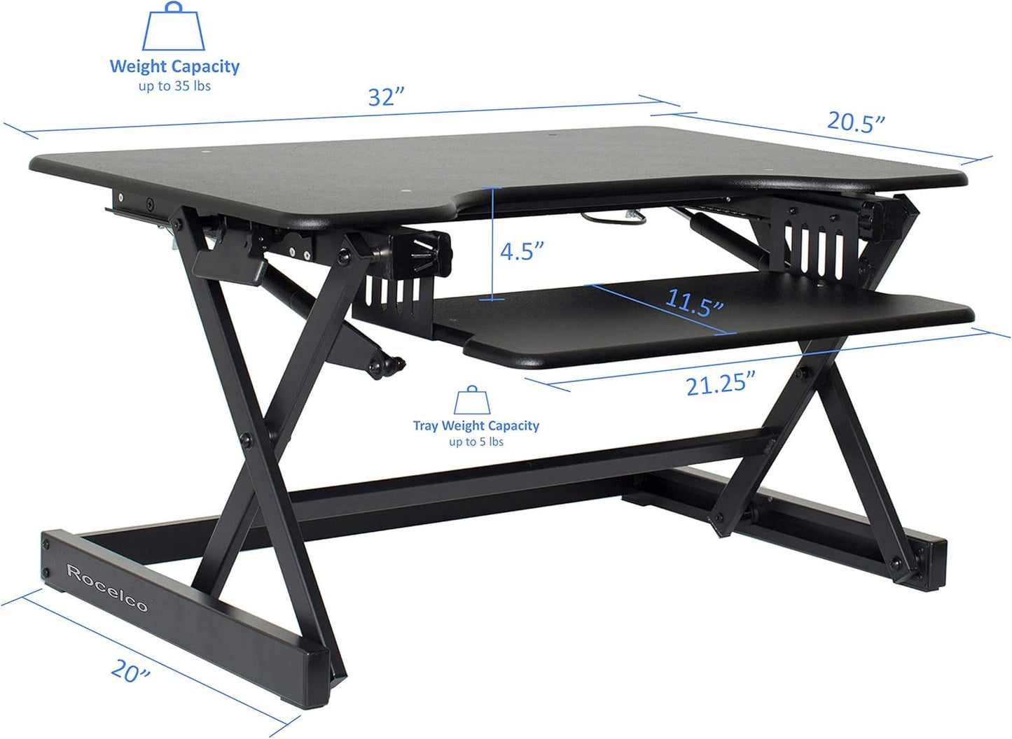 Rocelco 32" Height Adjustable Standing Desk Converter BUNDLE - Sit Stand Computer Workstation Riser with Anti Fatigue Mat - Dual Monitor Retractable Keyboard Tray Gas Spring - Black (R EADRB-MAFM)