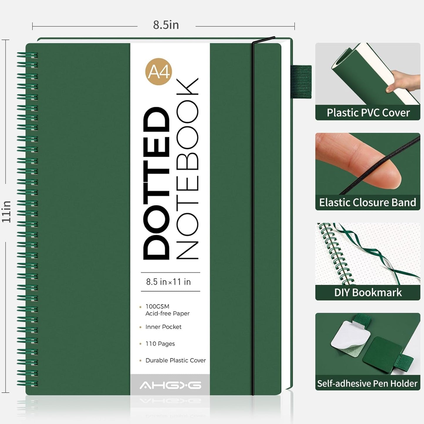 AHGXG Bullet Dotted Journal - Dot Grid Spiral Notebook 8.5" x 11", A4 Large Dotted Notebook, 100 GSM Thick Paper, Waterproof Plastic Cover Journals for Bullet Journaling, Sketching, Green