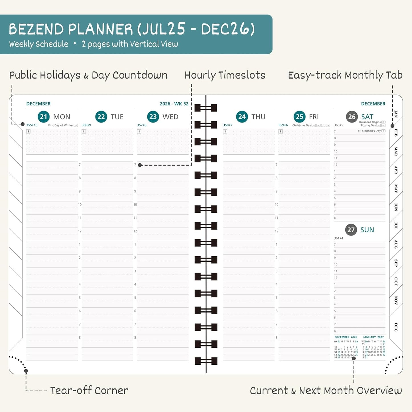 BEZEND Planner 2025-2026 Weekly and Monthly, 5.8" x 8.5" Academic Calendar (Jul 25-Dec 26) Vertical Daily Appointment with Hourly Timeslot & Monthly Tab, Spiral, PU Leather Softcover - Black