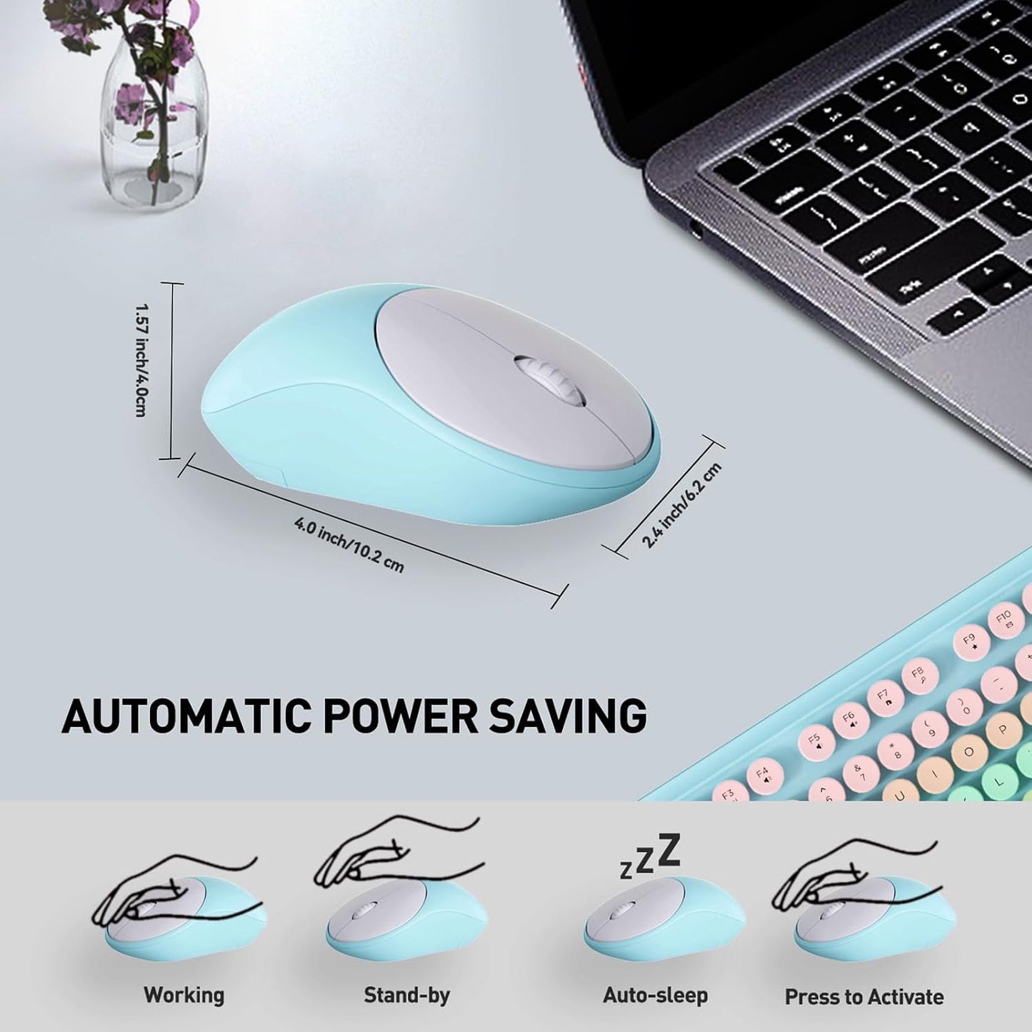 FOPETT 2.4GHz Wireless Keyboard and Mouse Set with Switch Button - Full-Size Keyboard - Compatible for Windows/Laptop/PC/Notebook/Smart TV and More - Green