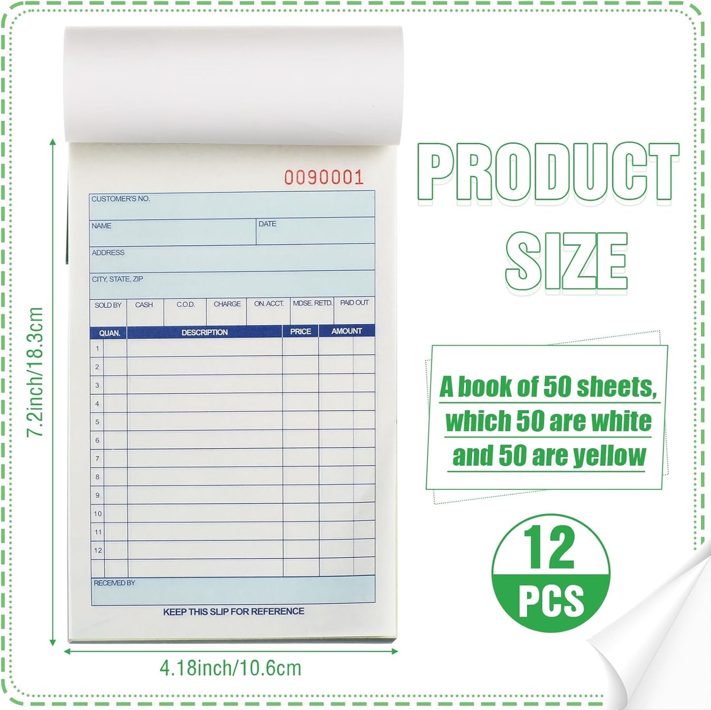 Lincia 12 Pads Sales Order Books 2 Part Carbonless (White/Canary Yellow) Receipt with Carbon Copies Cover Receipt Form Invoice 50 Sets Per Book (4.18 x 7.2 Inch/ 10.6 x 18.3 Cm)