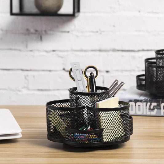 360 Rotatable Metal Mesh Desktop Pen Holder Pencil Holder Pencil Organizer Stationery Organizer Pen Pot Makeup Brush Organizer for Home School Office (Black)
