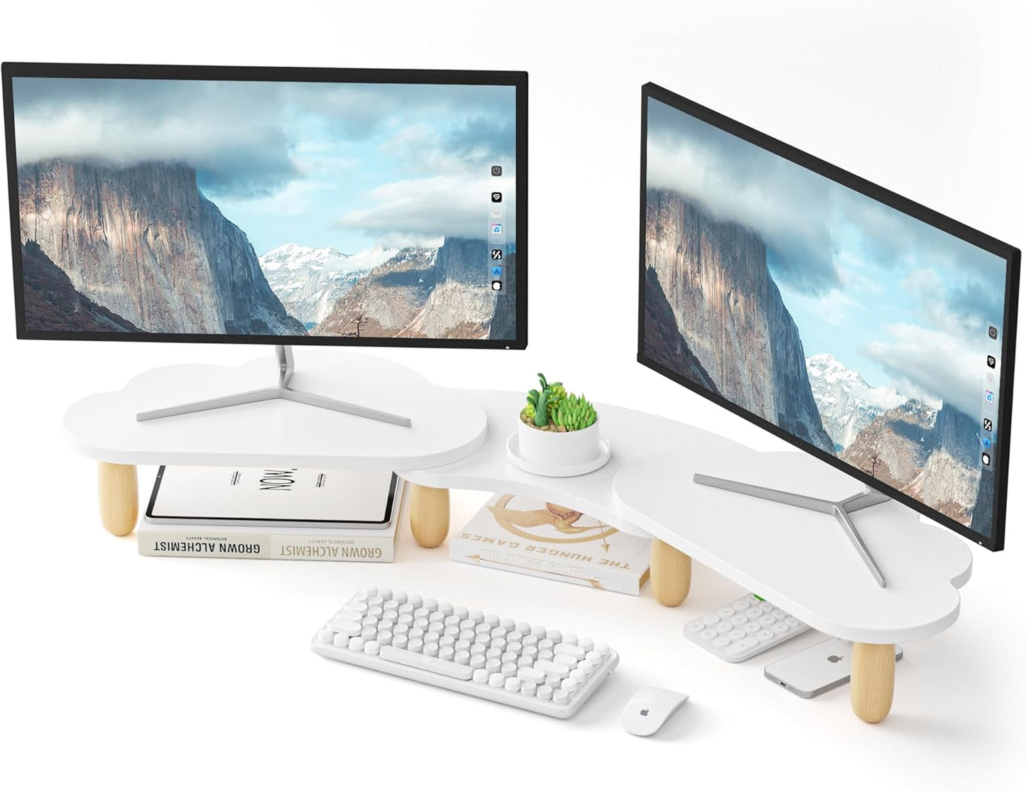 Dual Monitor Stand Riser,Rainbow Cloud Desktop Computer Stand for 2 Monitors,Adjustable Length and Angle Multifunctional Desktop Organizer Stand for Laptop, PC, Computer, Printer,White