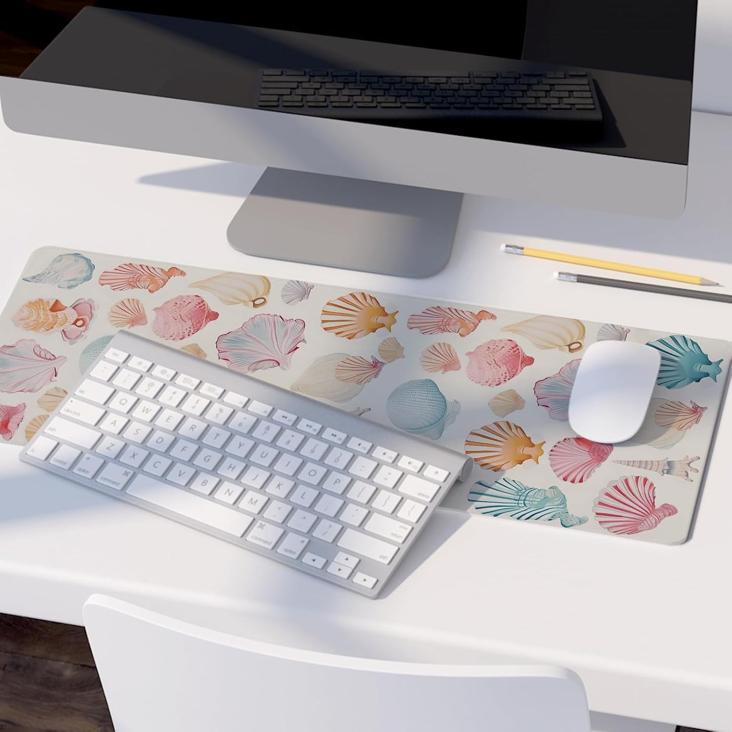 Ocean Themed Mouse Pad,Colorful Seashells Mouse Pad,XL Large Ocean Beachy Seashell Desk Mat,Girly Summer Coastal Gaming Pads,Girly Laptop Desk Mat,Summer Beachy Desktop Decor Art,31.5x11.8