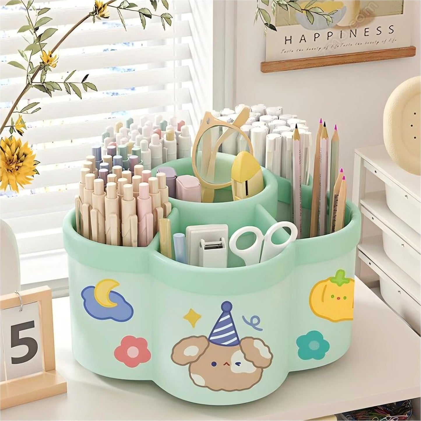 Pen Holder for Desk, 360°Rotating Pencil Pen Holder, Desk Pen Organizer with 6 Slots, Large-capacity Desk Organizer, Pencil Holder for Desk, Office, School, Home Use (Green)