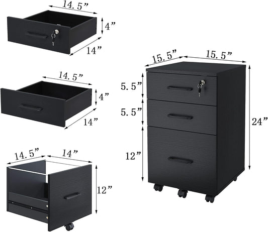 File Cabinet with Lock,3 Drawer Wood Rolling Filing Cabinets Under Desk for Home Office, Office Storage Cabinet fits Letter/A4 Size,Mobile Filing Cabinet Printer Stand,Black