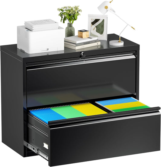 Crownland Lateral File Cabinet with 2 Drawers, 28" W Metal Lockable Office File Cabinets for Home Office- Stores Letter/Legal/A4/F4 Files(Black)
