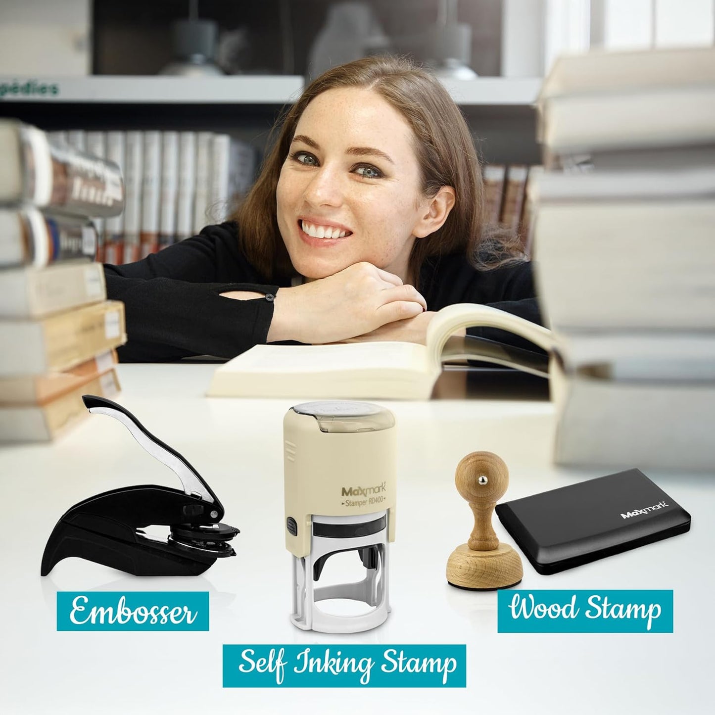 Custom Library Embosser - Style 110 - Embosser, Wood Stamp or Self Inking Stamp - Book Embosser Includes 50 Gold Seals - Custom Stamp Seal from The Library of