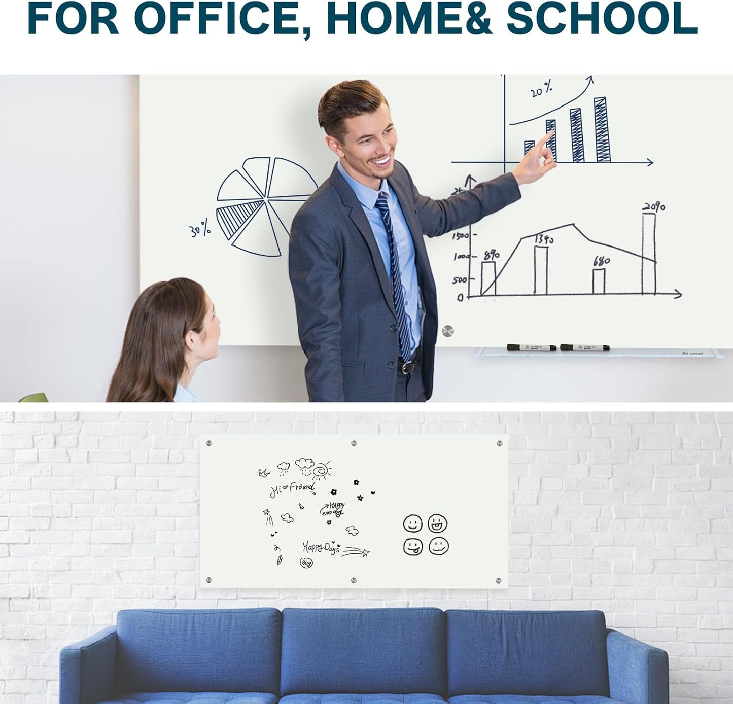 J&J worldwide Glass Dry Erase Board 6' x 4', Glass Whiteboard Magnetic, Large Frameless Glass White Boards for Walls, Includes Magnets, Marker Tray, Eraser for Office, Home, School