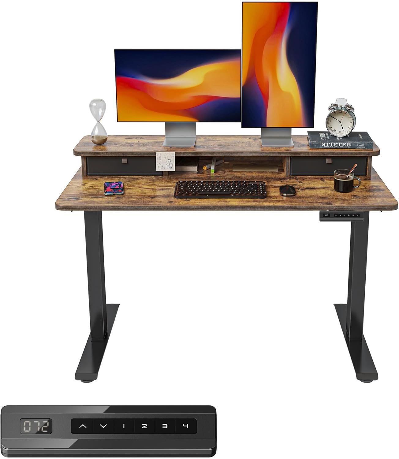 FEZIBO 48 x 24 Inch Height Adjustable Electric Standing Desk with Double Drawer, Stand Up Table with Storage Shelf, Sit Stand Desk, Rustic Brown