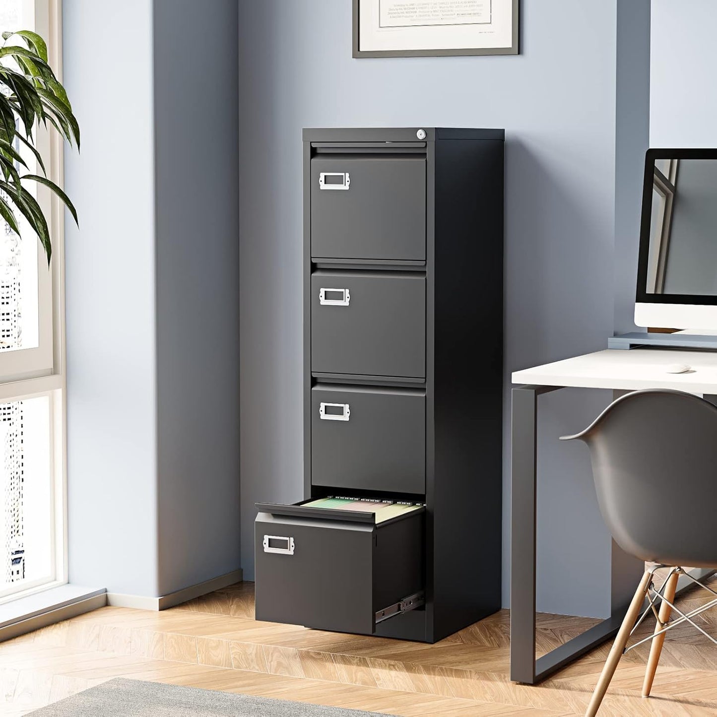 4 Drawer File Cabinet, Filing Cabinets for Home Office, Metal Vertical File Storage Cabinet with Lock, Locking File Cabinet for A4 Legal/Letter, 15" W x 17.7" D x 50.1" H, Assembly Required