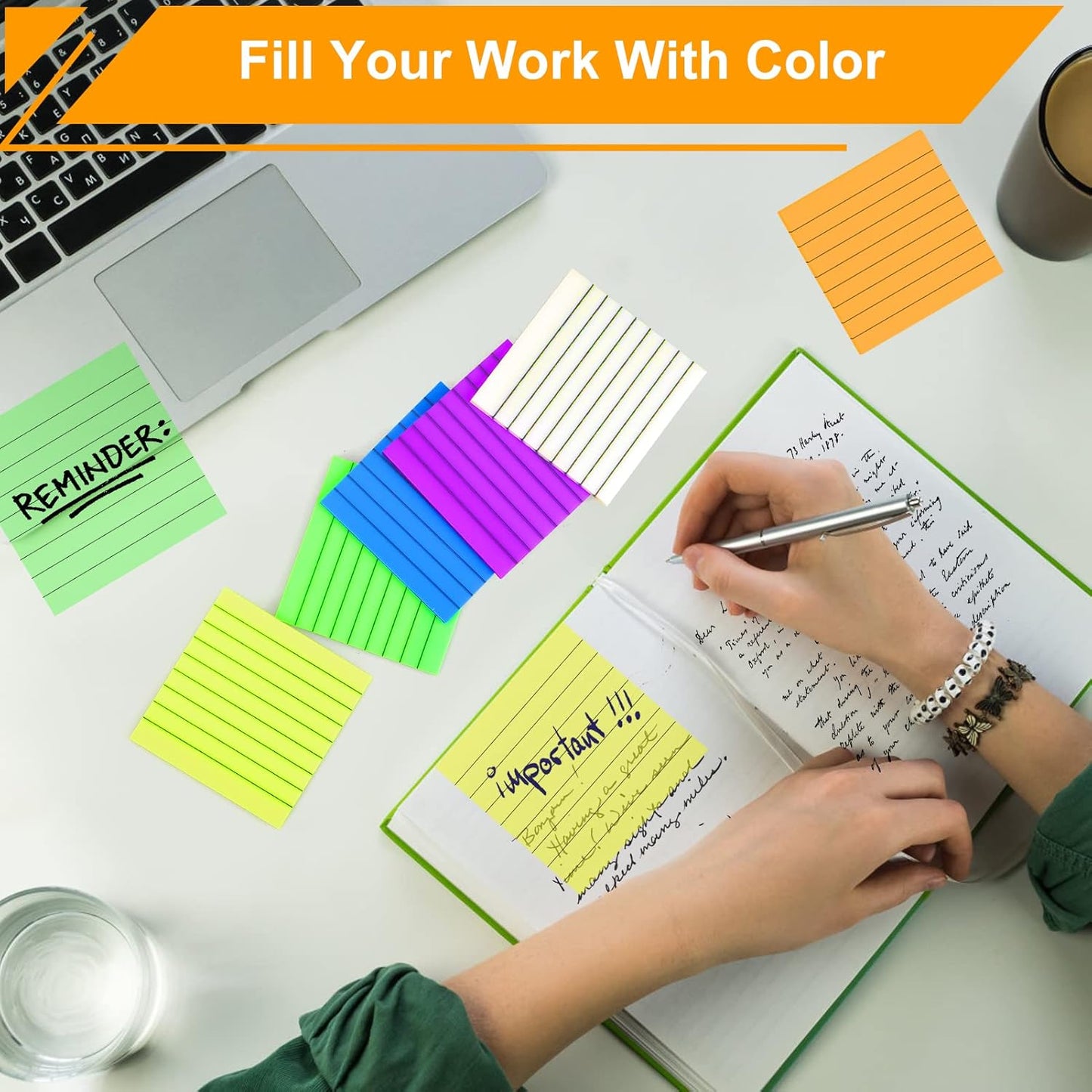 300 Sheets Lined Transparent Sticky Notes, 3x3 Inch 6 Colorful Clear See Through Translucent Self-Adhesive Post Memo Reminder Tabs with Line for Office Woman College School Students Classroom Supplies