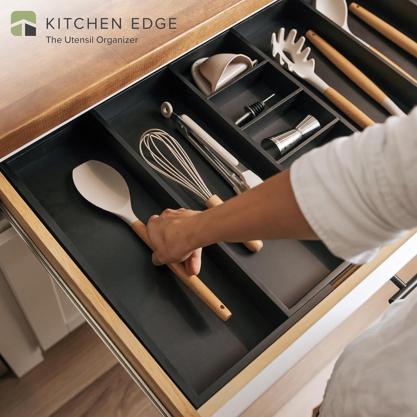 Adjustable Kitchen Drawer Organizer for Utensils and Junk, Food-Safe Contract Grade with 100% Sustainable Wood, Expandable from 19 to 33 Inches Wide - Black Bamboo