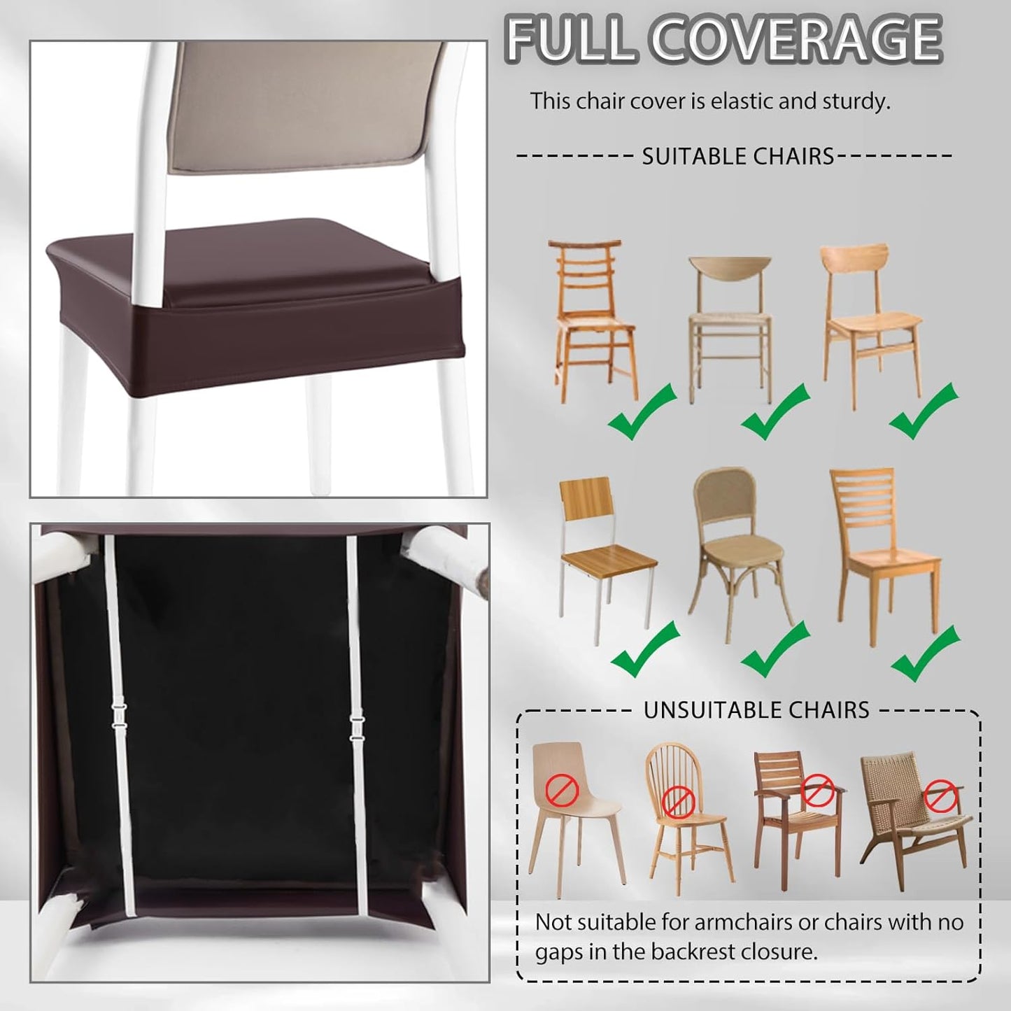 CWK Waterproof PU Leather Dining Chair Covers Set of 4-Stretchable Chair Seat Slipcovers, Removable & Washable Protector for Dining Room,Home,Office,Wedding,Rear Covers (PU-Coffee)