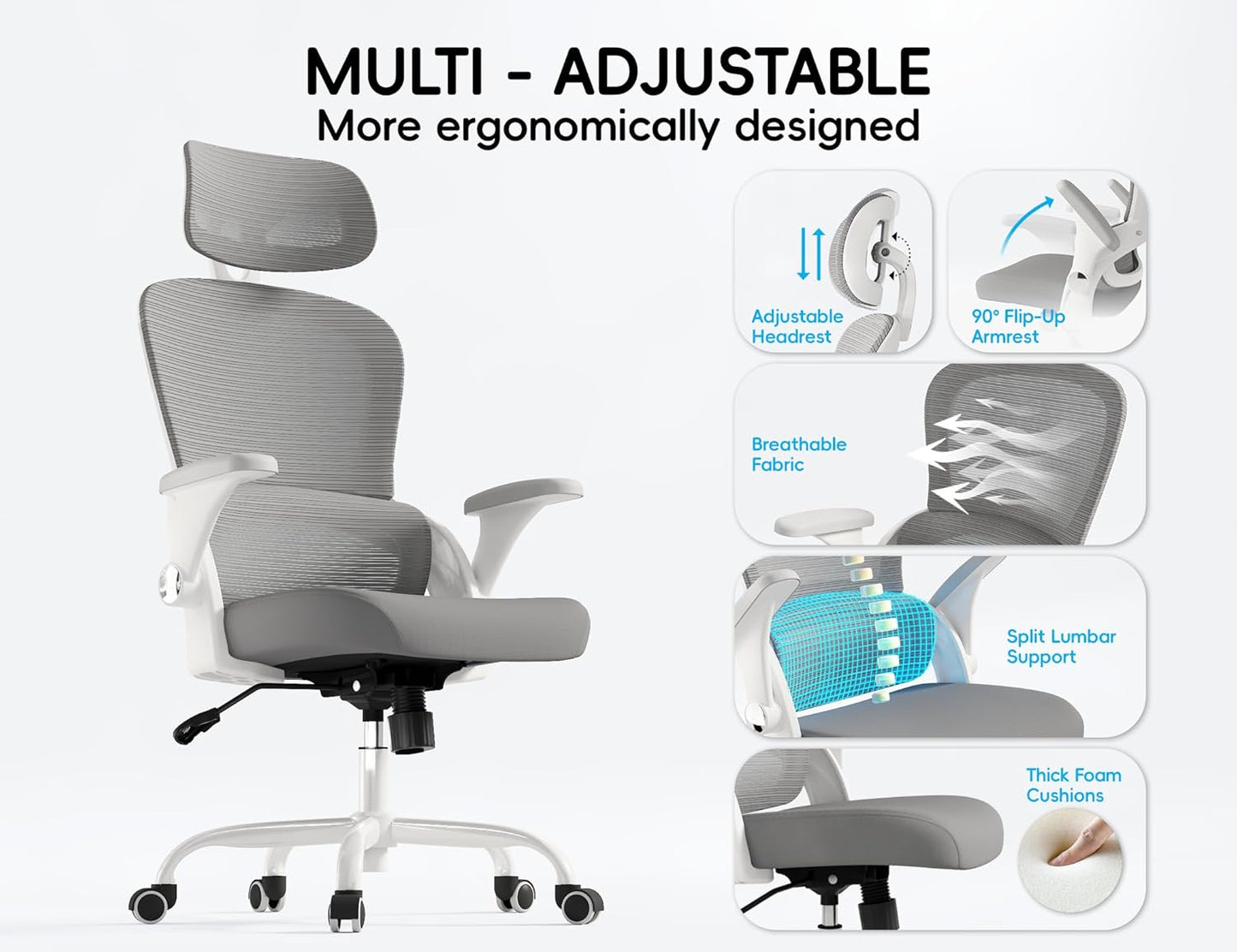 TRALT Office Chair - Ergonomic Office Chair with Back Support, Computer Chair - Home Office Desk Chairs, 330lbs Wide Seat Big and Tall Office Chairs with Headrest, Comfy Desk Chairs (Grey)