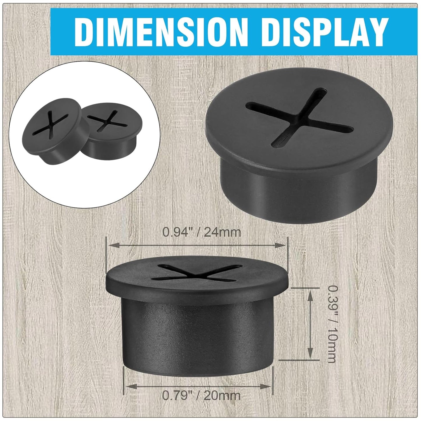 3/4" Black Desk Grommet, JTemgle Flexible Cable Grommet Cross Rubber Cable Hole Cover Wire Organizer Caps Desktop Cord Management for Home Office TV Stands Tabletops, 10 Pieces