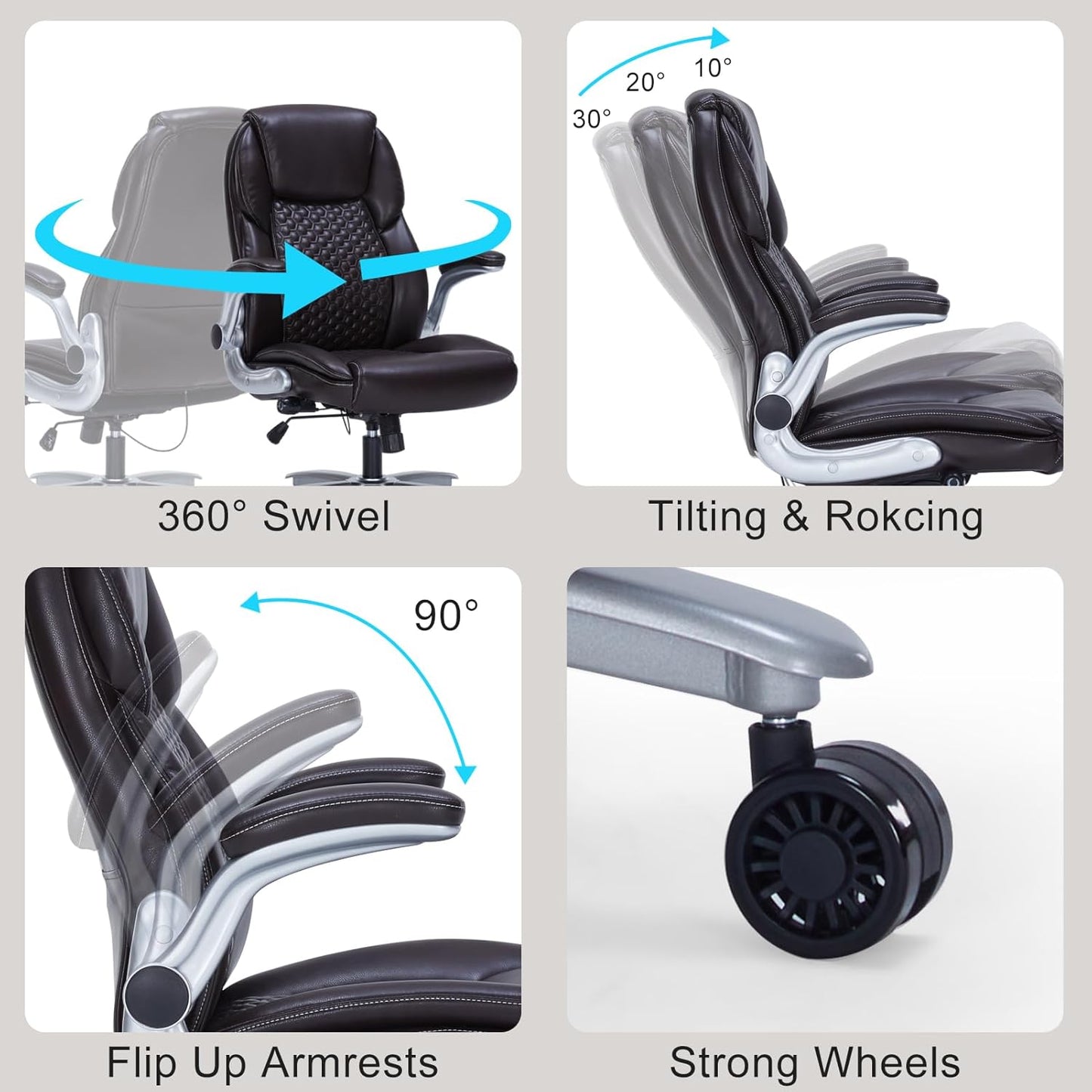 Home Office Chair, Executive Comeputer Desk Chair Ergonomic Office Chair with Adjustable Lumbar Support, Tilt Lock, PU Leather, Swivel Rolling Chair for Gaming Adult Working Study-Brown