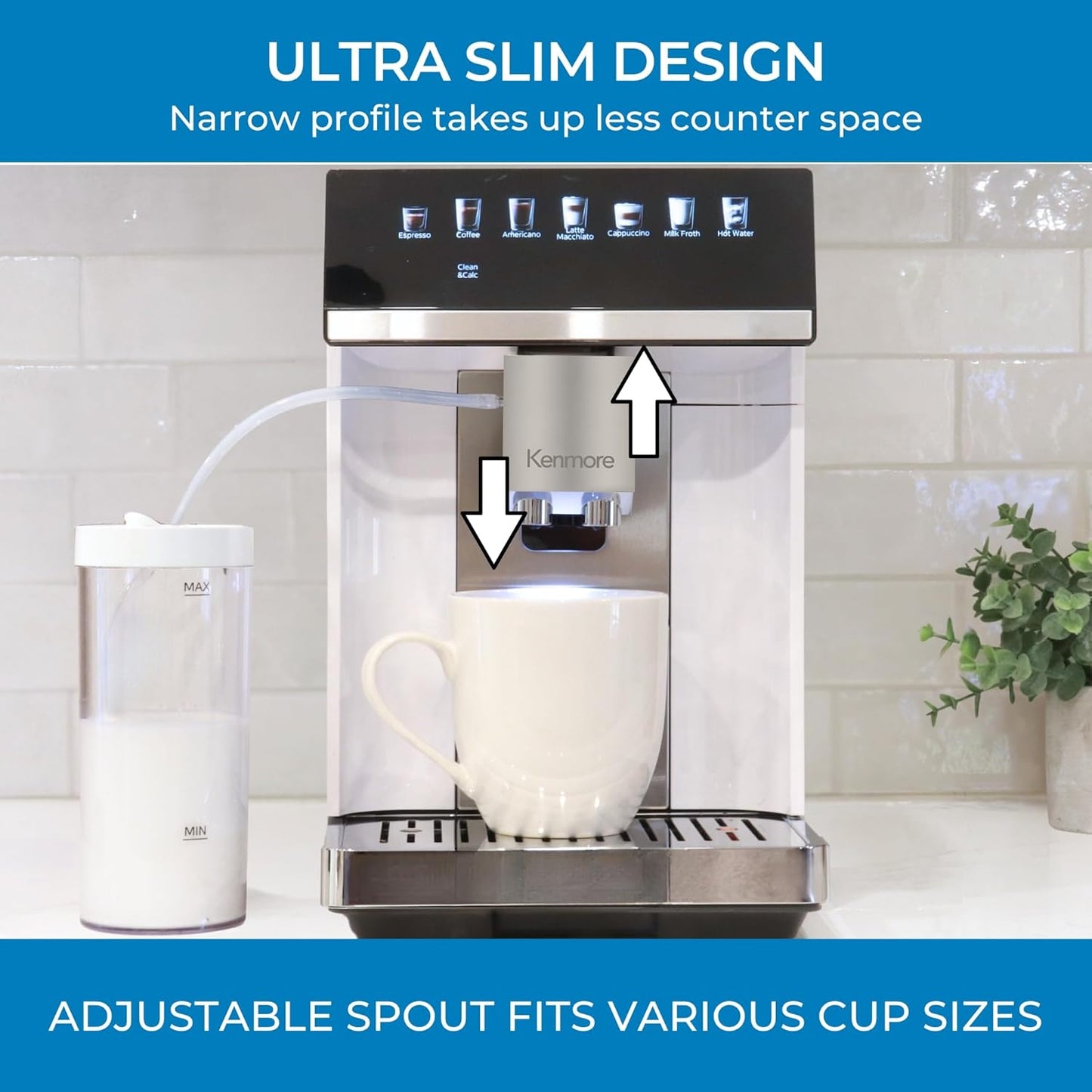 Koolatron Kenmore Espresso Machine – All-In-One Fully Automatic Coffee Maker With Auto Tamper, Descaler, Milk Steamer & Frother, Bean Grinder, Professional Barista Style Cappuccino, Cafe Latte, White