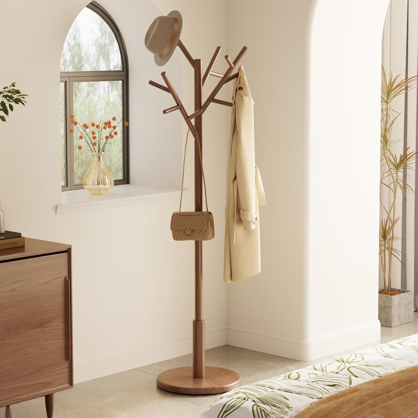 Coat Rack,Solid Wood Coat Rack Freestanding with 12 Hooks,Coat tree freestanding 3 Adjustable Heights for coat, Hats, Handbags，Coat Stand for Entryway,Bedroom (Walnut)