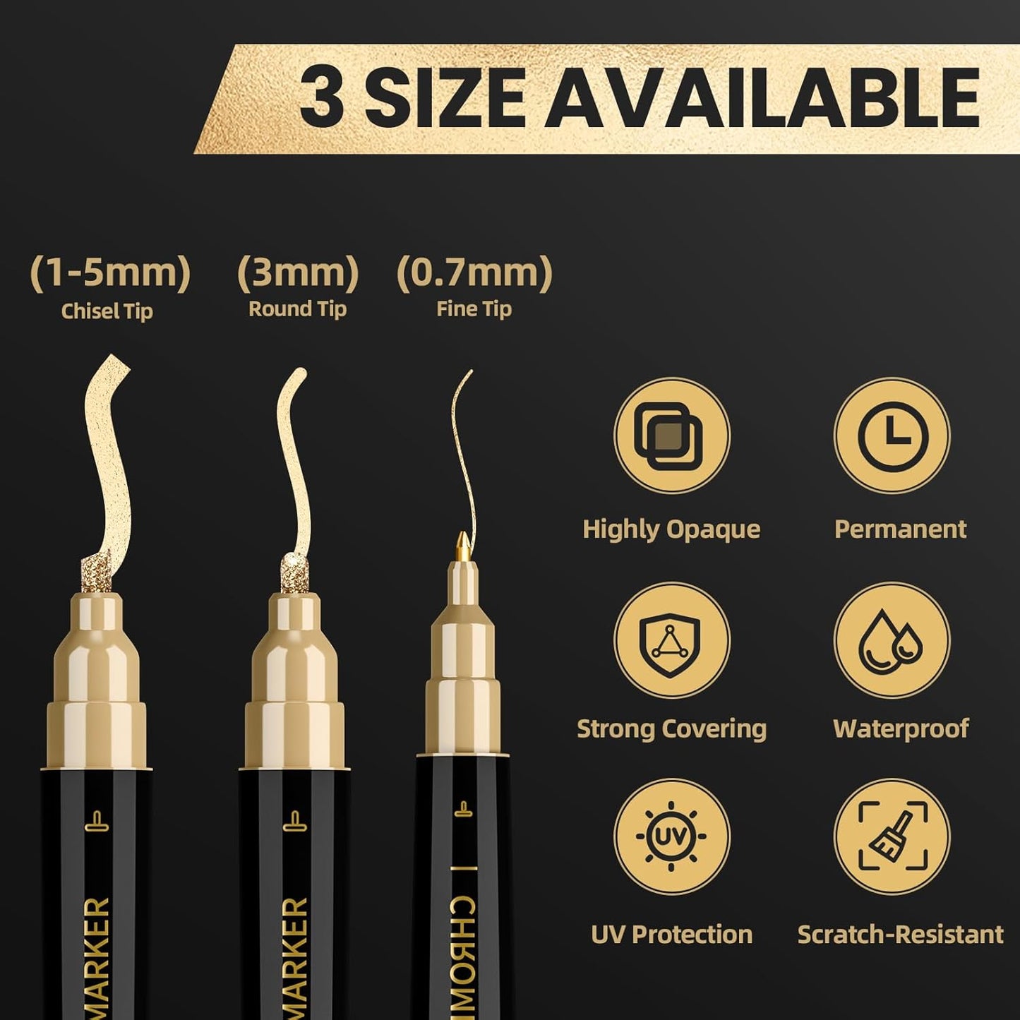 3 Pack Dual Tip Liquid Gold Chrome Markers, Permanent Shiny Gold Marker Pen for Most Surfaces, Golden Metallic High-gloss for Model Repairing, Painting, Marking or DIY Art Project
