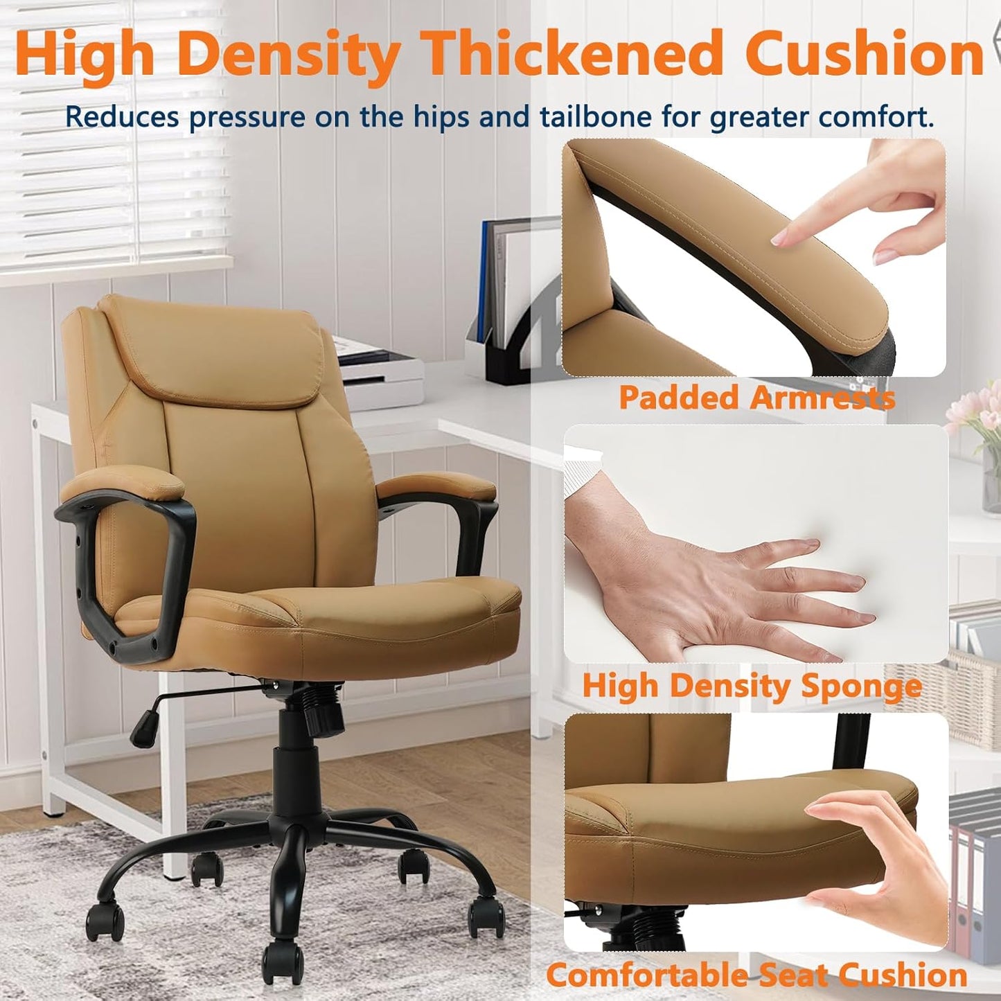 CLATINA Brown Office Computer Chair PU Leather Executive Office Chair Swivel Adjustable Height Chairs with Upholstery Fixed armrest Mid-Back Leather Thick Cushion Office Chairs Brown 2Pack
