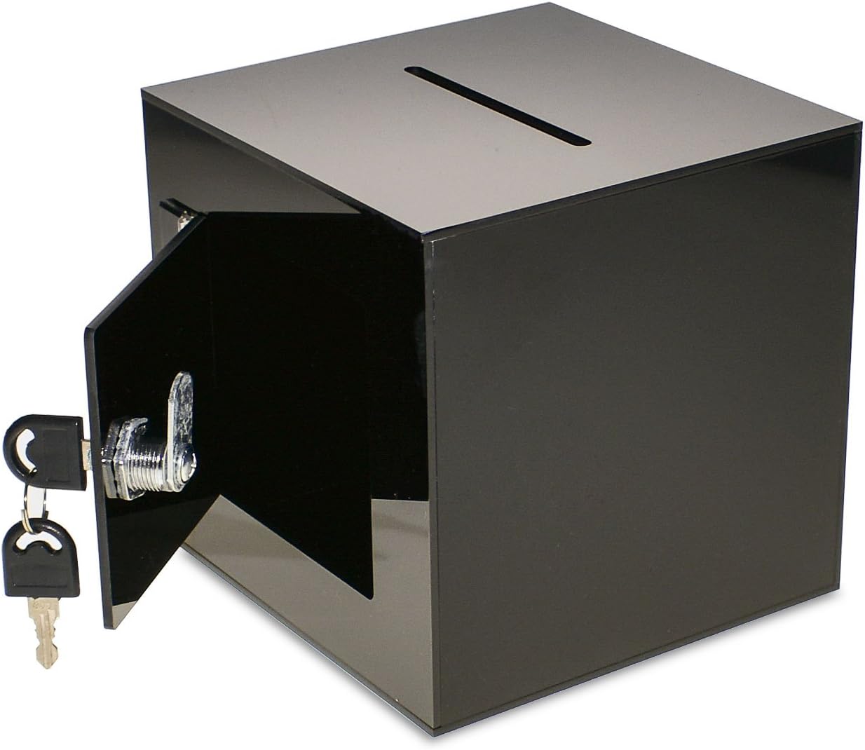 Source One Premium Acrylic Cube Donation Box with Deluxe Rear Open Door and Cam Lock Suggestion Box (8 Inch, Black)