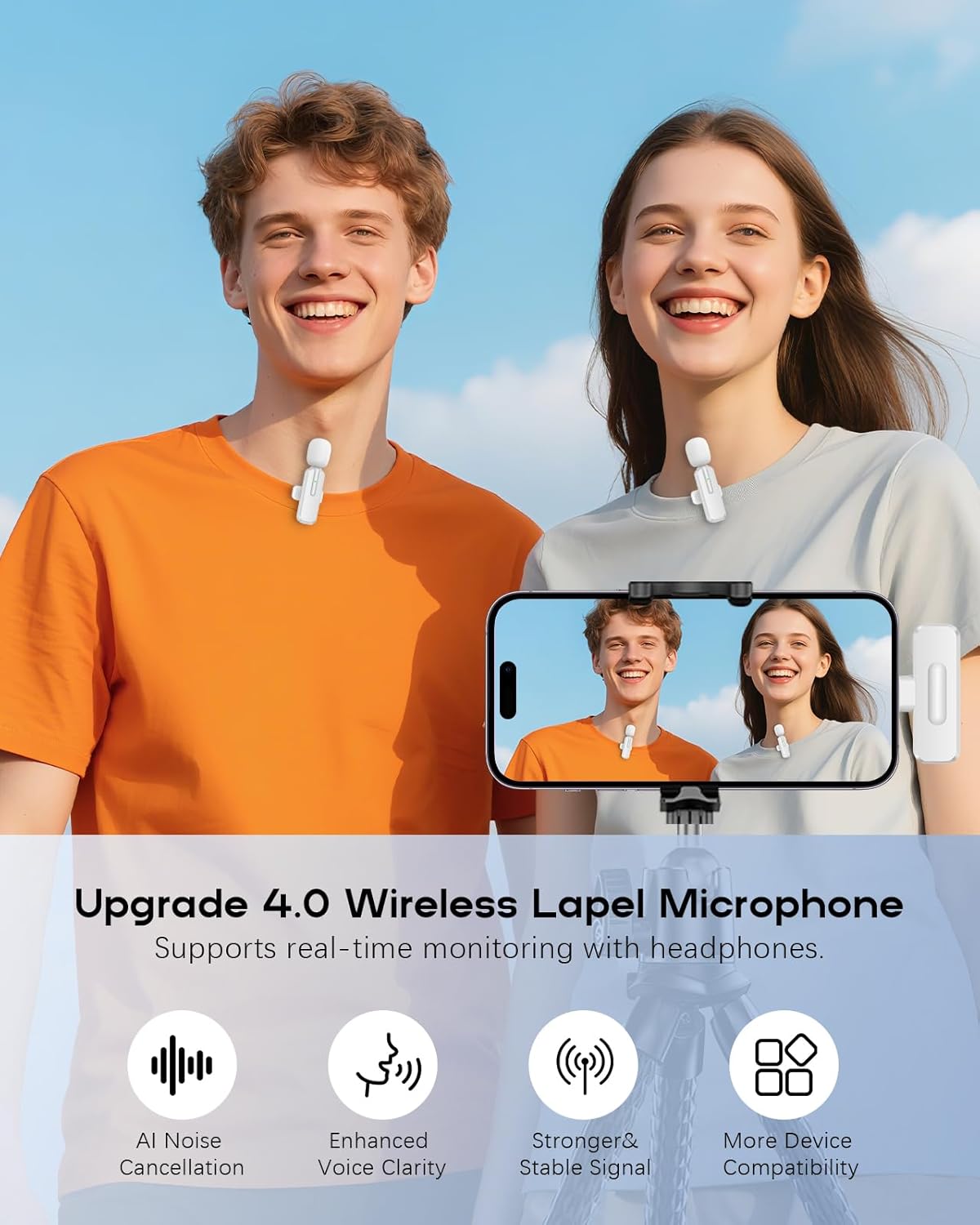 Wireless Mini Microphone for iPhone - 2 Pack Lavalier bluetooth Microphone for Video Recording, 2 In 1 Noise Reduction Lapel Mic for Ipad, Android, Clip-on Mini Mic for Tiktok Youtube Vlog Podcast