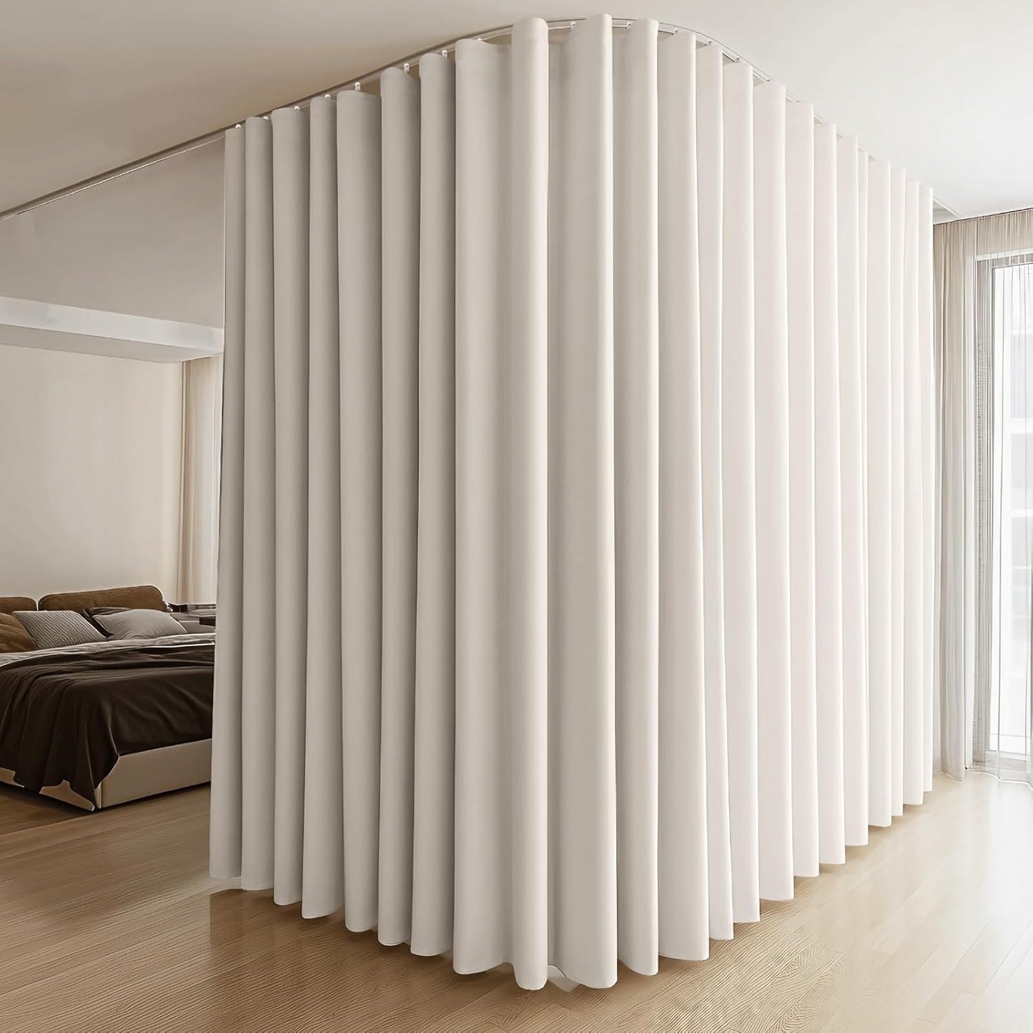Room Divider Curtains & Flexible Bendable Tracks Set,Privacy Dividers Ceiling Track Curtain Window Blackout Curtains for Living Room Bedroom (W180 × H108 In 1 Panel Beige Drape & White Rail)