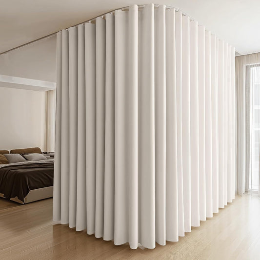 Room Divider Curtains & Flexible Bendable Tracks Set,Privacy Dividers Ceiling Track Curtain Window Blackout Curtains for Living Room Bedroom (W120 × H108 In 1 Panel Beige Drape & White Rail)