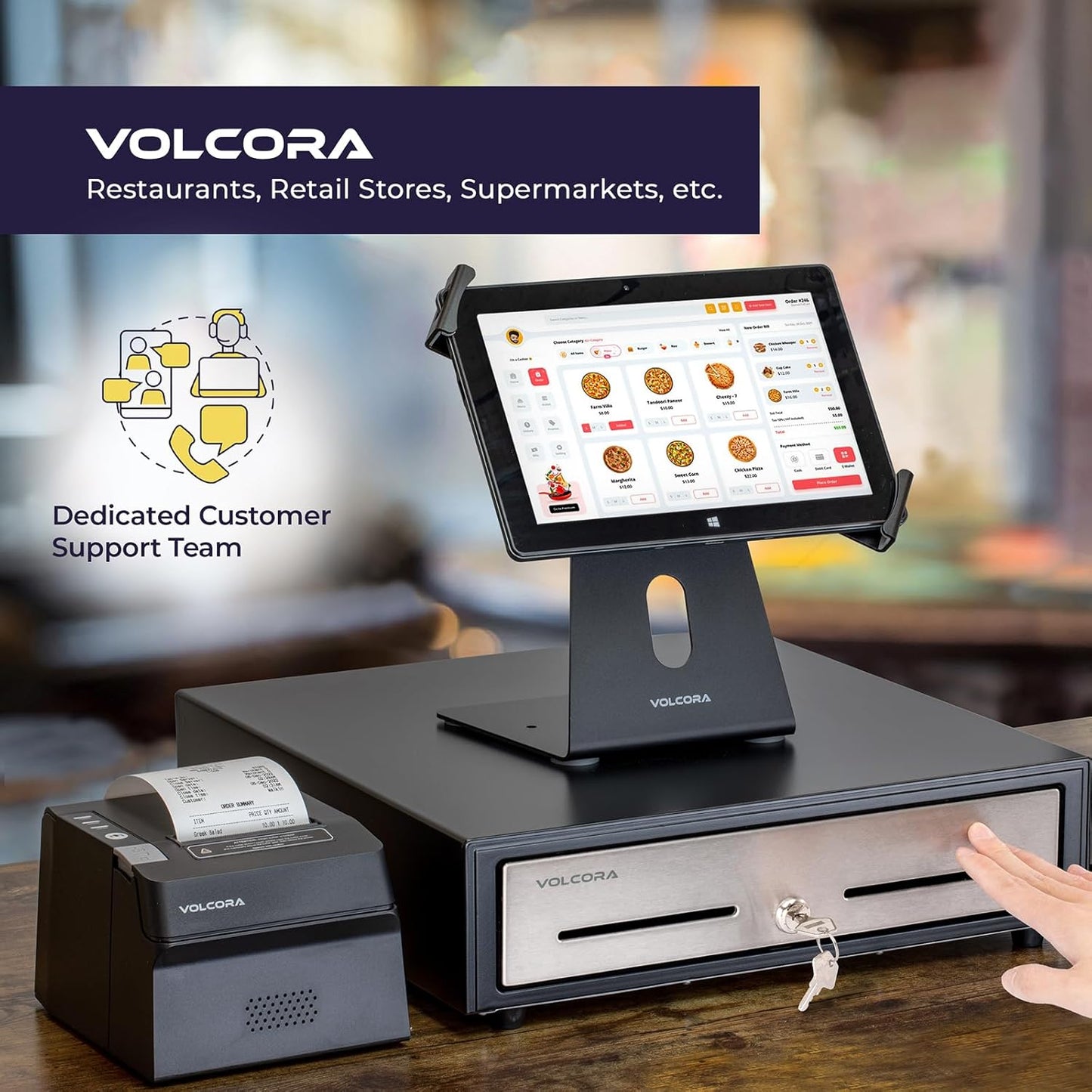 Volcora 16" Manual Push Open Cash Register Drawer for Point of Sale (POS) System - Black and Stainless Steel Front Touch Panel - Durable Cash Drawer with Removable Tray, 5 Bills and 8 Coin Slots