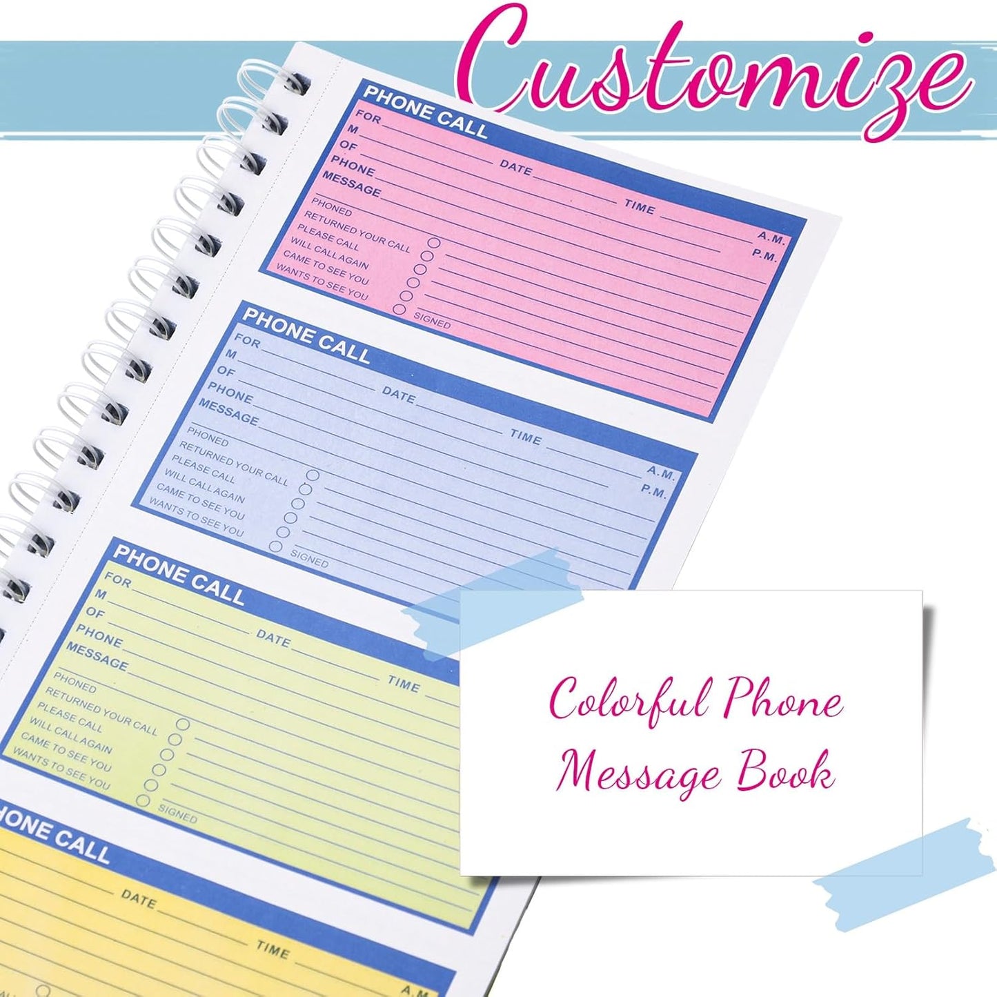 Sinmoe 10pcs Spiral Bound Phone Message Book with Carbon Copy 5-1/2" x 11" 2 Part Colorful Carbonless Telephone Message Pads Duplicate Spiral Phone Call Log Book for Business Office (Rose Red,Blue)