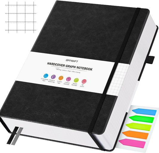 Graph Paper Notebook, 312 Numbered Pages Large A5 Hardcover Leather Journal, 100gsm No Bleed Grid Paper Notebook with Index Pages, Grid Notebook for Graphing Notes Math, 5.75" x 8.38", Black