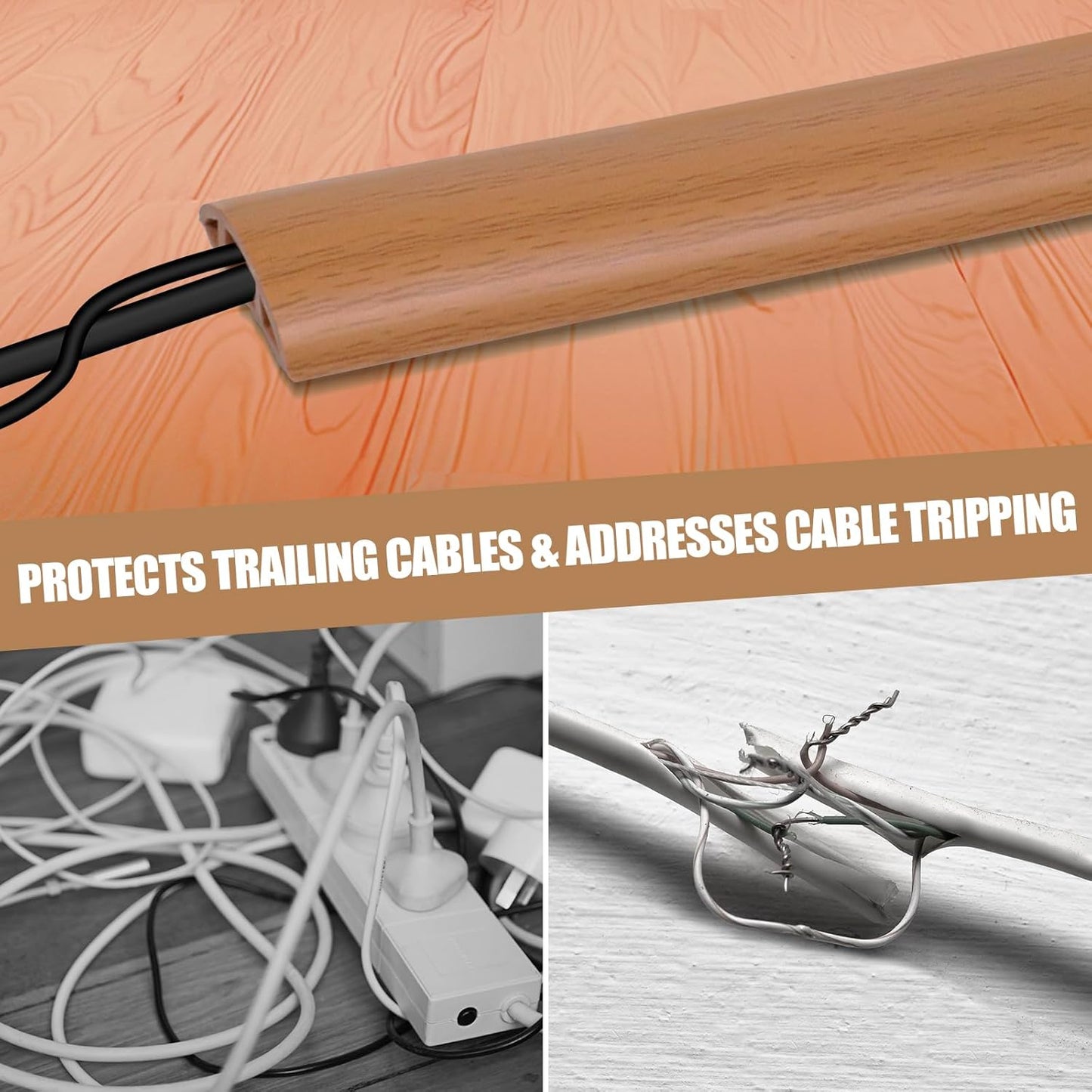 Floor Cord Cover Self Adhesive Cord Hider,20FT Cable Management, Extension Strip Protector for Wires, Prevent Cable Trips for Offices, Gyms, Exhibitions Cavity:0.51"(W) x 0.3"(H) Brown Wood