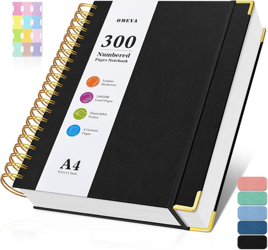 Spiral Notebook 8.5" x 11", 300 Numbered Pages Notebooks College Ruled with Contens, 100GSM Thick Journal for Women Men, Hardcover Leather Lined Journal for Writing, Large A4 Notebooks for Work School