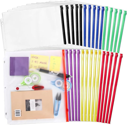 30 Pack Binder Pockets, 3 Ring Hole Binder Pouch, PVC Loose Leaf Binder Sleeves by Mezchi