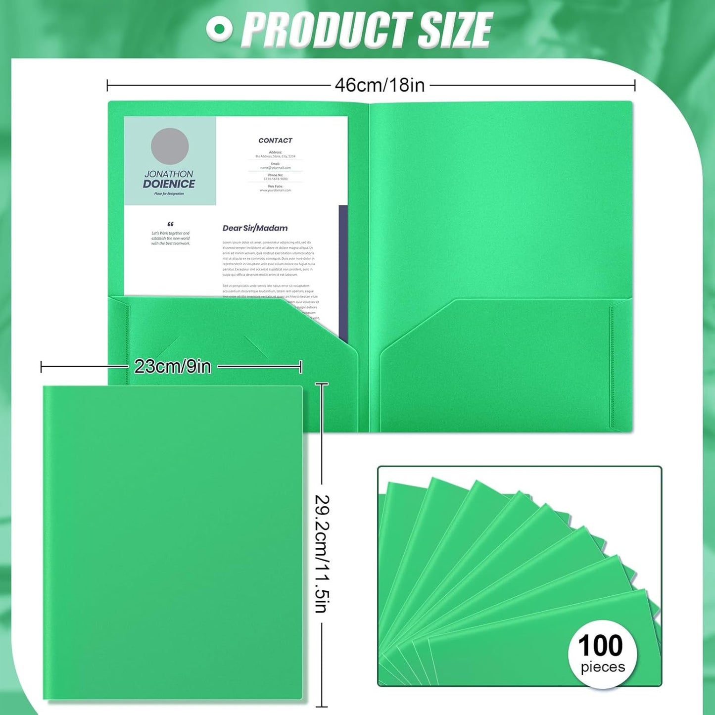 Gueevin 100 Pcs Two Pocket Folders Bulk Plastic File Folder with 2 Pockets Letter Size Paper Heavy Duty Durable Portfolios Case for Home Office School Business 11.61 x 9.45 Inch (Green)
