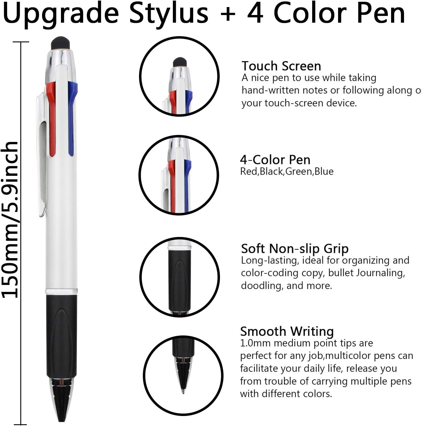 MiSiBao 4-Color Ballpoint Pen Multi Colored Pens in One Medium Point (1.0mm) Touch Screen Stylus, 5-Count